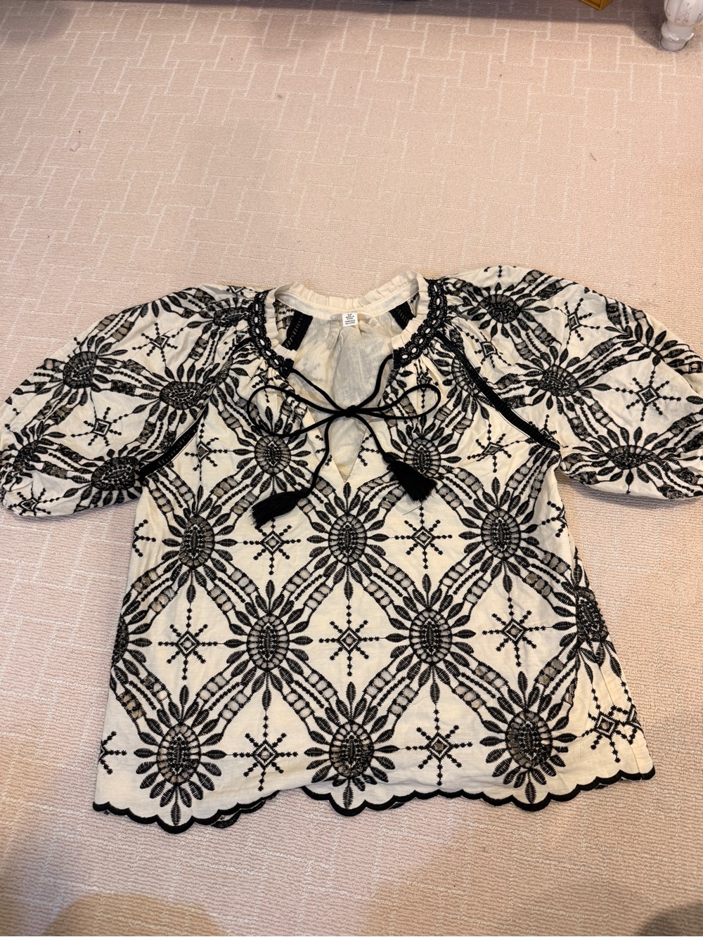 Embroidered Black & White Peasant Blouse with Tassel Tie